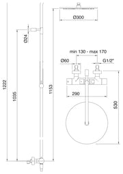 Desen tehnic cu cote – Coloană de duș termostatică Treemme din inox, cu pară și duș de mână