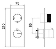 Desen tehnic cu cote – Termostat de duș încastrat Treemme din inox, cu comutator și butoane cilindrice