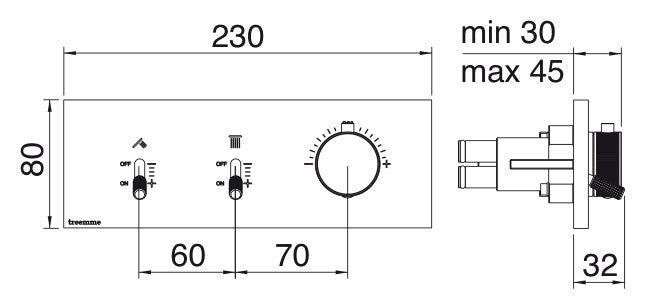 Desen tehnic cu cote – Termostat de duș încastrat Watt din inox, 2–5 ieșiri
