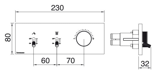 Desen tehnic cu cote – Baterie de duș încastrată Watt din inox, 2–5 ieșiri