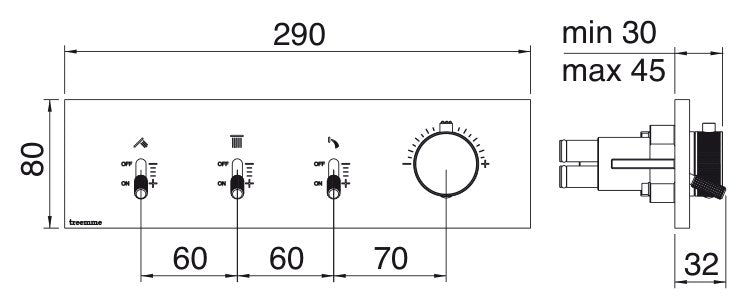 Desen tehnic cu cote – Termostat de duș încastrat Watt din inox, 2–5 ieșiri