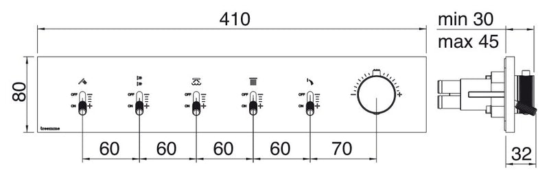 Desen tehnic cu cote – Termostat de duș încastrat Watt din inox, 2–5 ieșiri