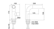 Desen tehnic cu cote – Baterie lavoar WaterTube din inox, monocomandă