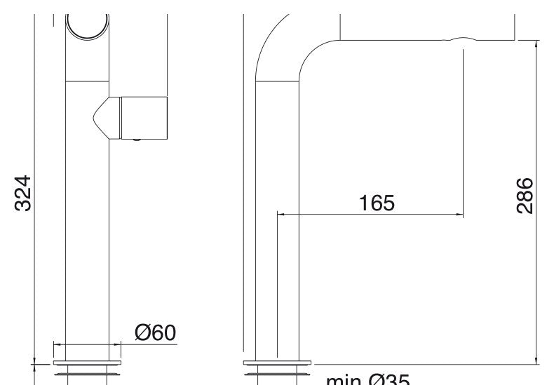 Desen tehnic cu cote – Baterie lavoar WaterTube din inox, monocomandă