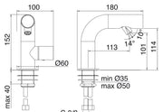 Desen tehnic cu cote – Baterie bideu WaterTube din inox, monocomandă