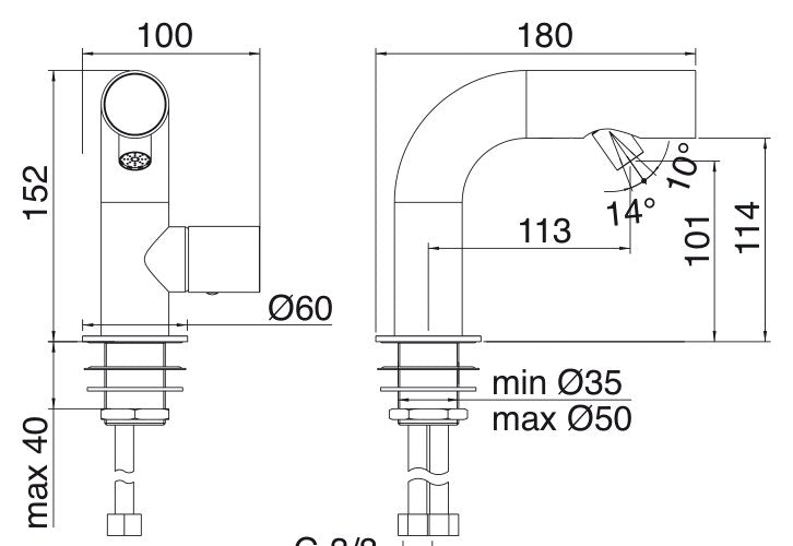 Desen tehnic cu cote – Baterie bideu WaterTube din inox, monocomandă