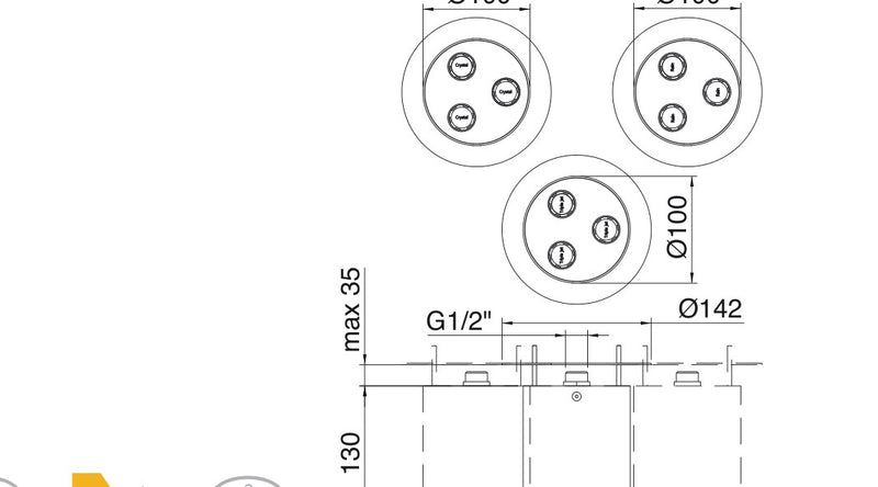 Desen tehnic cu cote – Pară de duș WaterTube din inox, de tavan sau de perete