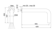 Desen tehnic cu cote – Pară de duș WaterTube din inox, de tavan sau de perete