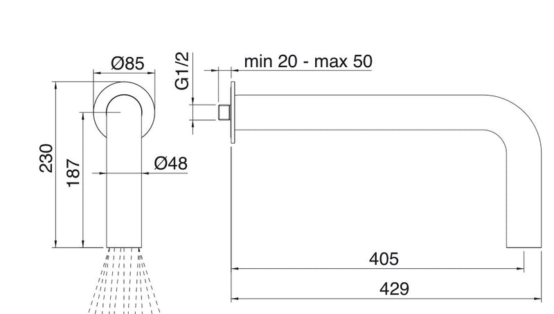 Desen tehnic cu cote – Pară de duș WaterTube din inox, de tavan sau de perete