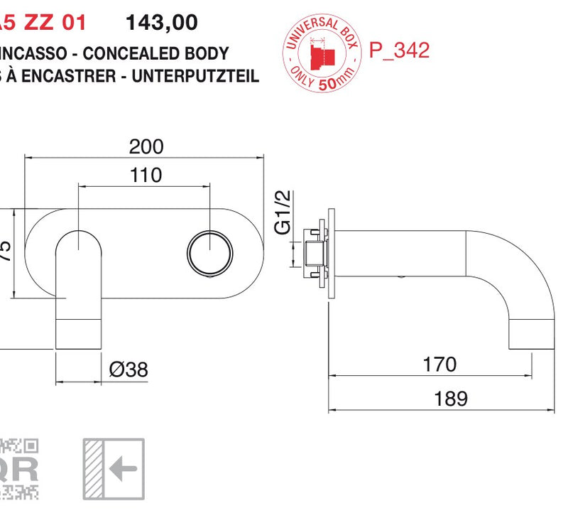 Desen tehnic cu cote – Baterie lavoar WaterTube încastrată, monocomandă