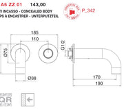 Desen tehnic cu cote – Baterie lavoar WaterTube încastrată, monocomandă