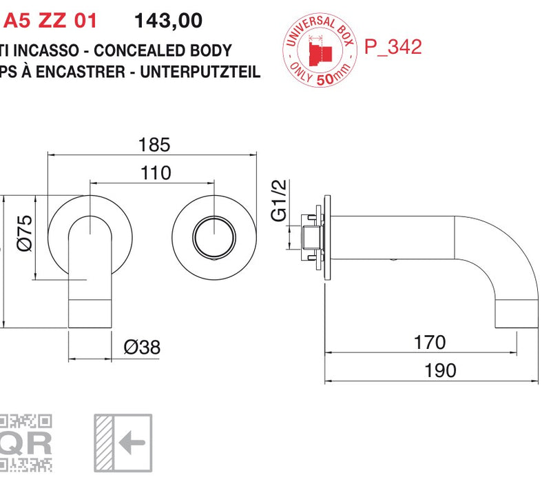 Desen tehnic cu cote – Baterie lavoar WaterTube încastrată, monocomandă