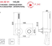 Desen tehnic cu cote – Baterie de duș WaterTube încastrată, cu duș de mână