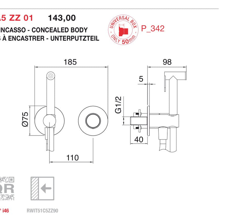 Desen tehnic cu cote – Baterie încastrată WaterTube cu duș igienic pentru WC