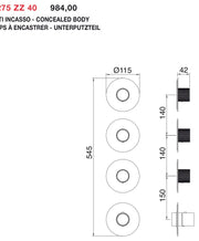Desen tehnic cu cote – Termostat de duș WaterTube încastrat, 2, 3 sau 4 ieșiri
