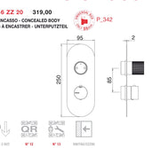 Desen tehnic cu cote – Termostat de duș WaterTube încastrat, 2, 3 sau 4 ieșiri