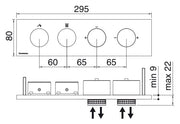 Desen tehnic cu cote – Baterie de duș încastrată W-Touch din inox cu butoane, 2–5 ieșiri