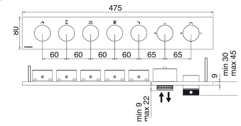 Desen tehnic cu cote – Termostat de duș încastrat W-Touch din inox cu butoane, 2–5 ieșiri