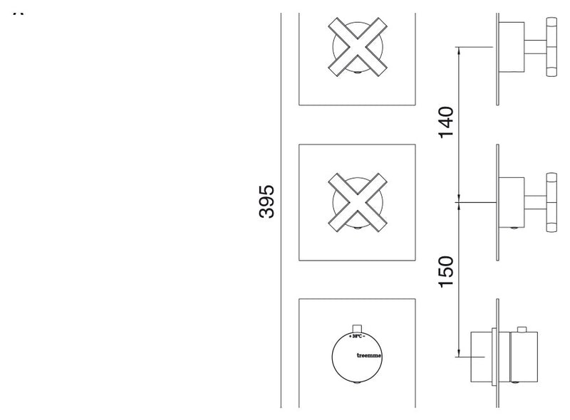 Desen tehnic cu cote – Baterie duș termostatică Line încastrată, plăci separate, 2 sau 3 ieșiri