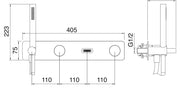 Desen tehnic cu cote – Baterie cadă Nanotech încastrată cu pipă și duș de mână