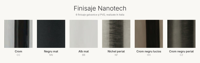 Paleta de finisaje Treemme: crom, negru mat, alb mat, nichel periat și crom negru