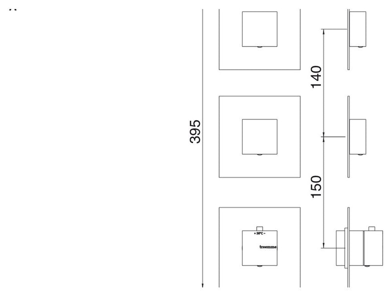 Desen tehnic cu cote – Baterie duș termostatică încastrată Treemme, plăci pătrate separate, 2 sau 3 ieșiri