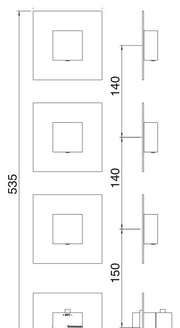 Desen tehnic cu cote – Baterie duș termostatică încastrată Treemme, plăci pătrate separate, 2 sau 3 ieșiri
