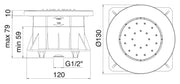 Desen tehnic cu cote – Duză laterală de duș Treemme Ø 130 mm, rotundă sau pătrată
