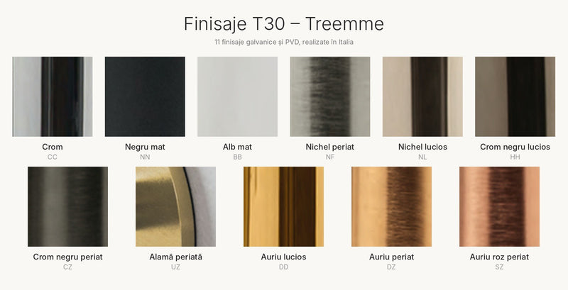 Finisaje Treemme: crom, negru mat, alb mat, nichel, auriu și auriu roz