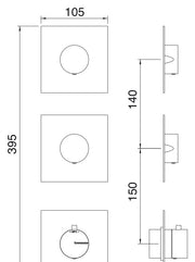 Desen tehnic cu cote – Baterie duș termostatică încastrată Treemme, plăci rotunde separate, 2 sau 3 ieșiri