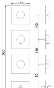 Desen tehnic cu cote – Baterie duș termostatică încastrată Treemme, plăci rotunde separate, 2 sau 3 ieșiri