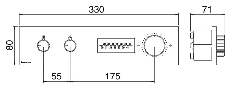 Desen tehnic cu cote – Termostat de duș încastrat W-70s cu afișaj digital, 2–6 ieșiri