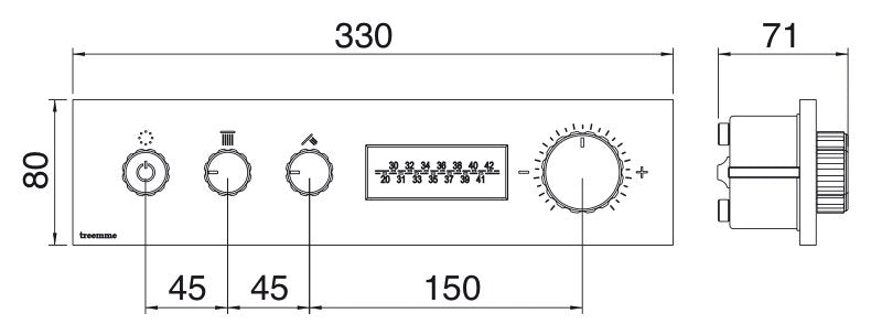 Desen tehnic cu cote – Termostat de duș încastrat W-70s cu afișaj digital și comandă LED, 2–6 ieșiri