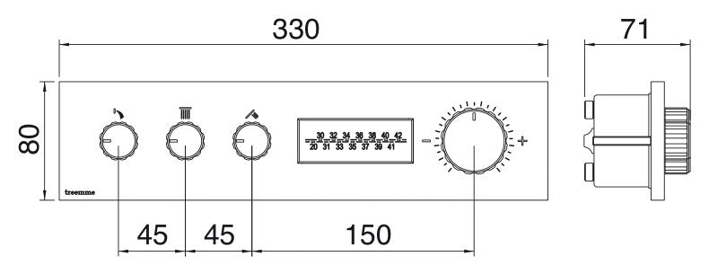 Desen tehnic cu cote – Termostat de duș încastrat W-70s cu afișaj digital, 2–6 ieșiri