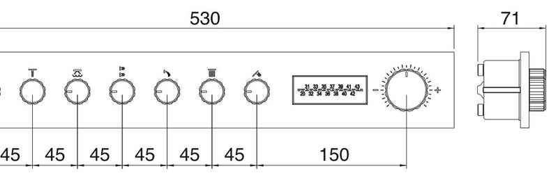 Desen tehnic cu cote – Termostat de duș încastrat W-70s cu afișaj digital și comandă LED, 2–6 ieșiri