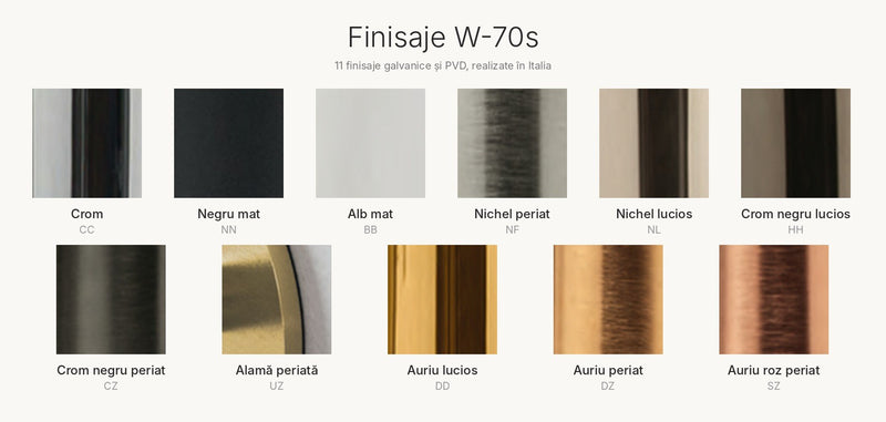 Paleta de finisaje W-70s Treemme: crom, negru mat, alb mat, nichel, crom negru, alamă periată, auriu și auriu roz