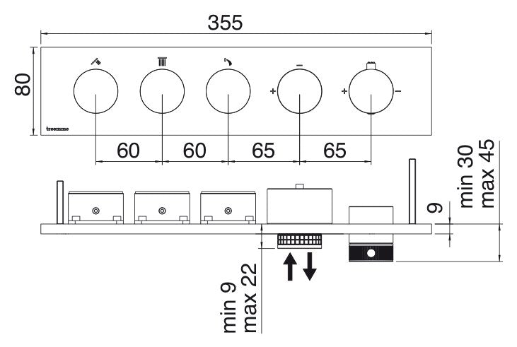 Desen tehnic cu cote – Termostat de duș încastrat W-Touch cu butoane, 2–5 ieșiri