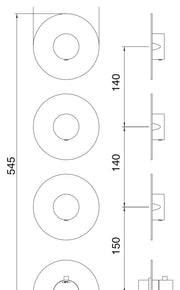Desen tehnic cu cote – Baterie duș termostatică X-Change încastrată, plăci separate, 2 sau 3 ieșiri