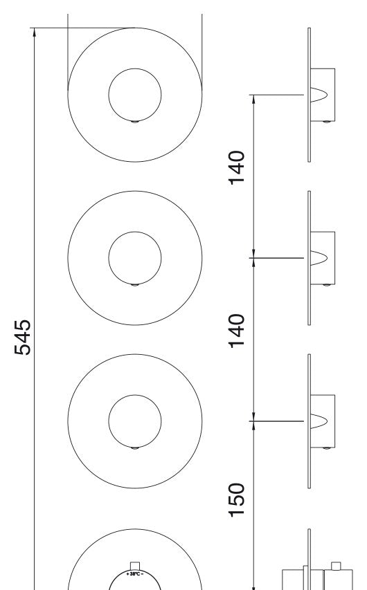 Desen tehnic cu cote – Baterie duș termostatică X-Change încastrată, plăci separate, 2 sau 3 ieșiri