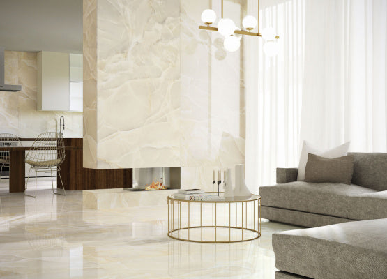 Gresie și faianță porțelanată Onyx Sable 60 × 120 cm, lucios, aspect marmură – Baldocer