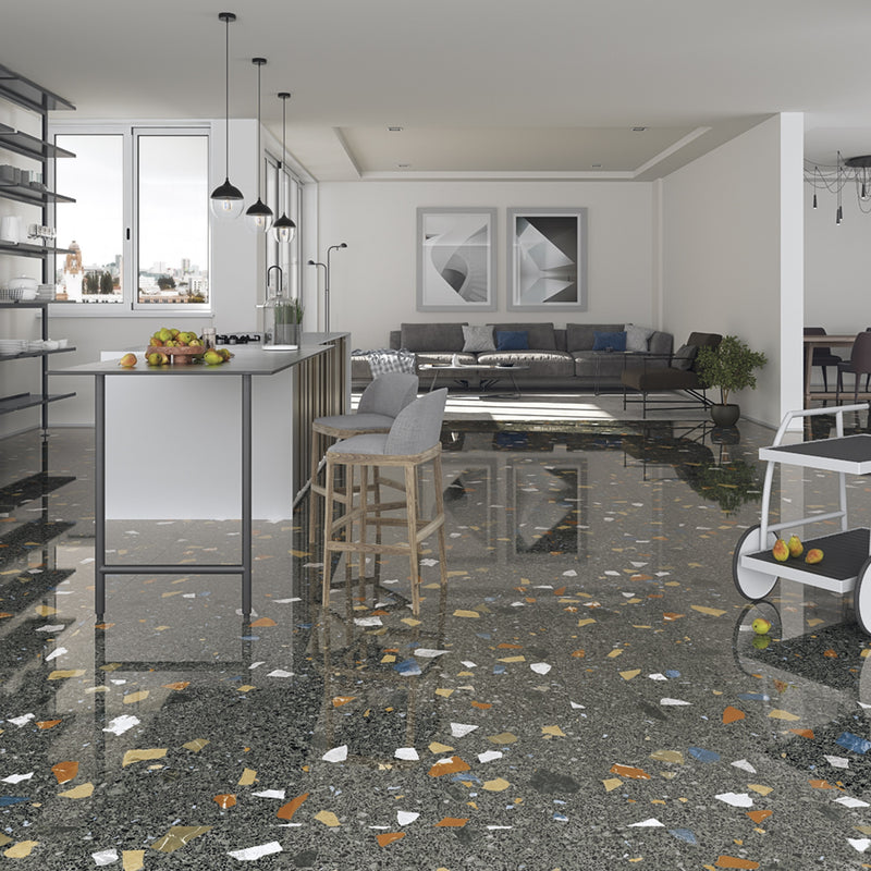 Gresie și faianță porțelanată Terrazzo Straciatella Grafito 60 × 60 cm – Arcana