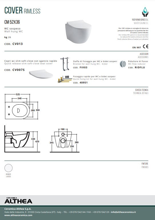 Cover vas wc suspendat rimless Italia cu capac soft close