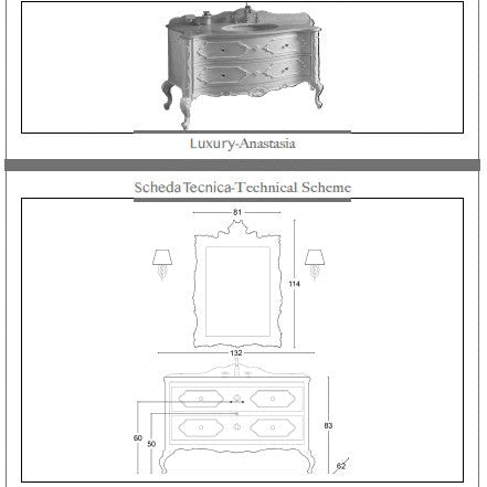 Schiță tehnică mobilier baie Anastasia 135 x 62 cm GAIA Mobili