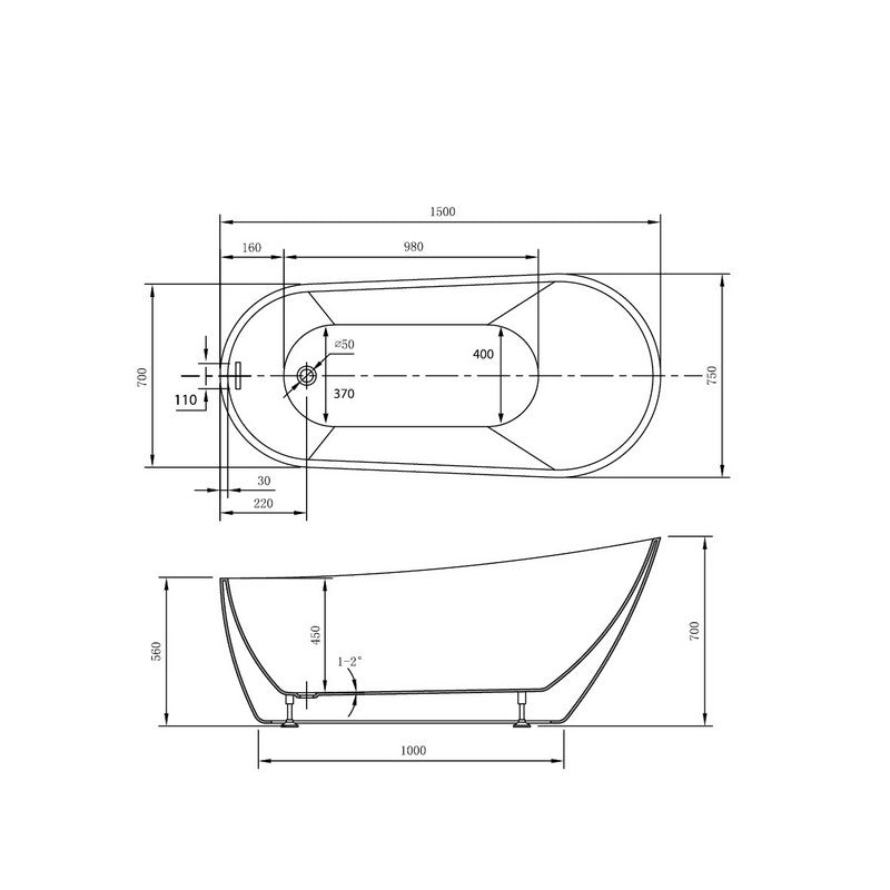 Cadă Freestanding Belle 150x75cm - Acril Alb Lucios pentru Baie Modernă