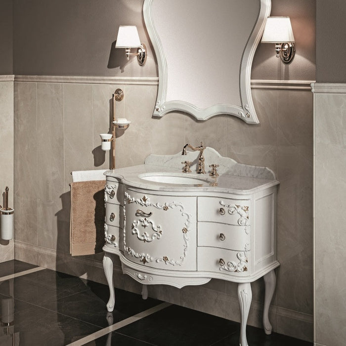 Mobilier de baie clasic Murano 2 Gaia Mobili, model de 106 cm cu blat din marmură și finisaj alb perlat lucios