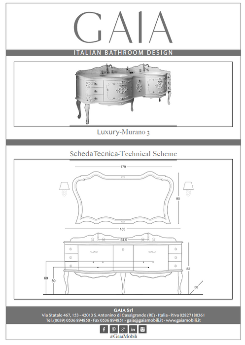 Schiță tehnică Murano 3 Gaia Mobili, mobilier de baie dublu cu dimensiuni 185 × 60 cm