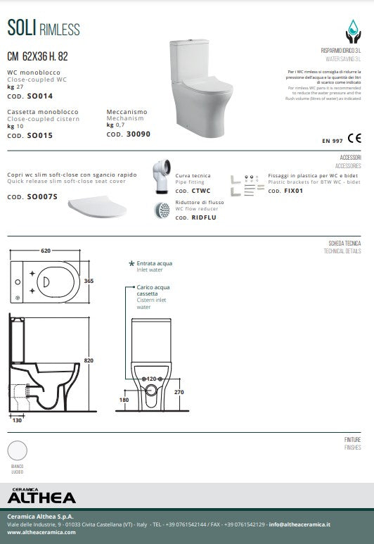 Soli vas wc monoblocc rimless Italia cu capac soft close