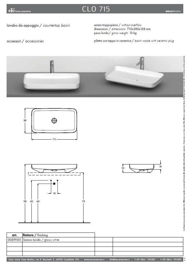 Lavoar de Blat CLO – Ceramică Sanitară Italiană 71.5×38 cm, Alb Lucios