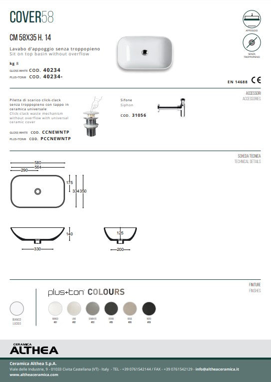 Lavoar de blat Cover 58x35 cm – Ceramică Italia Althea, finisaj glossy white