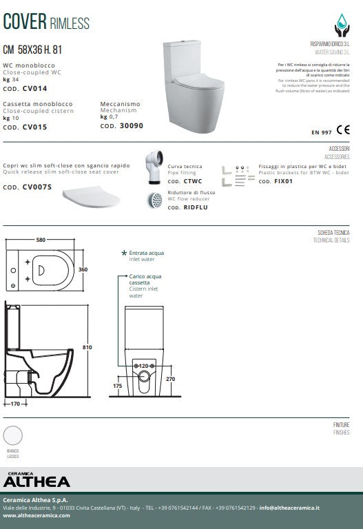 Cover vas wc monoblocc rimless Italia cu capac soft close